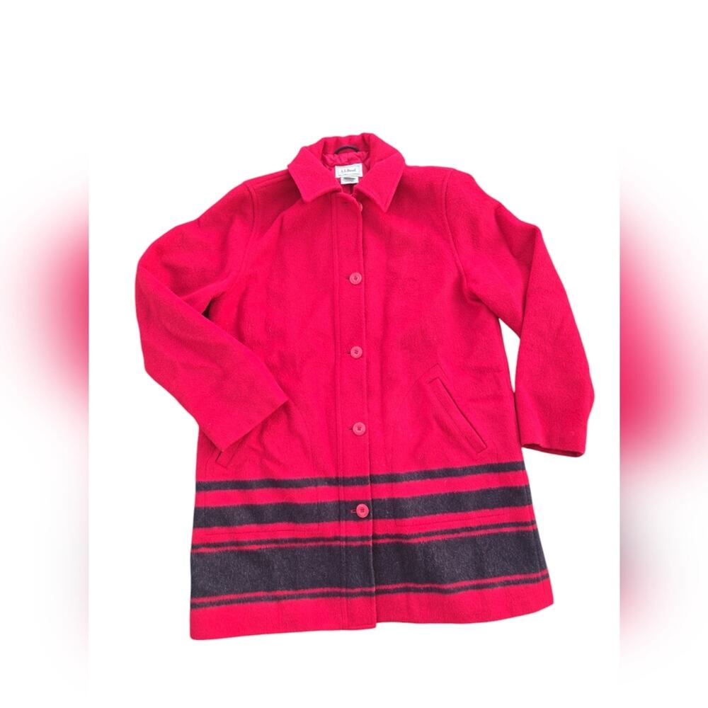 LL Bean Womens red black stripes wool blend coat sz medium